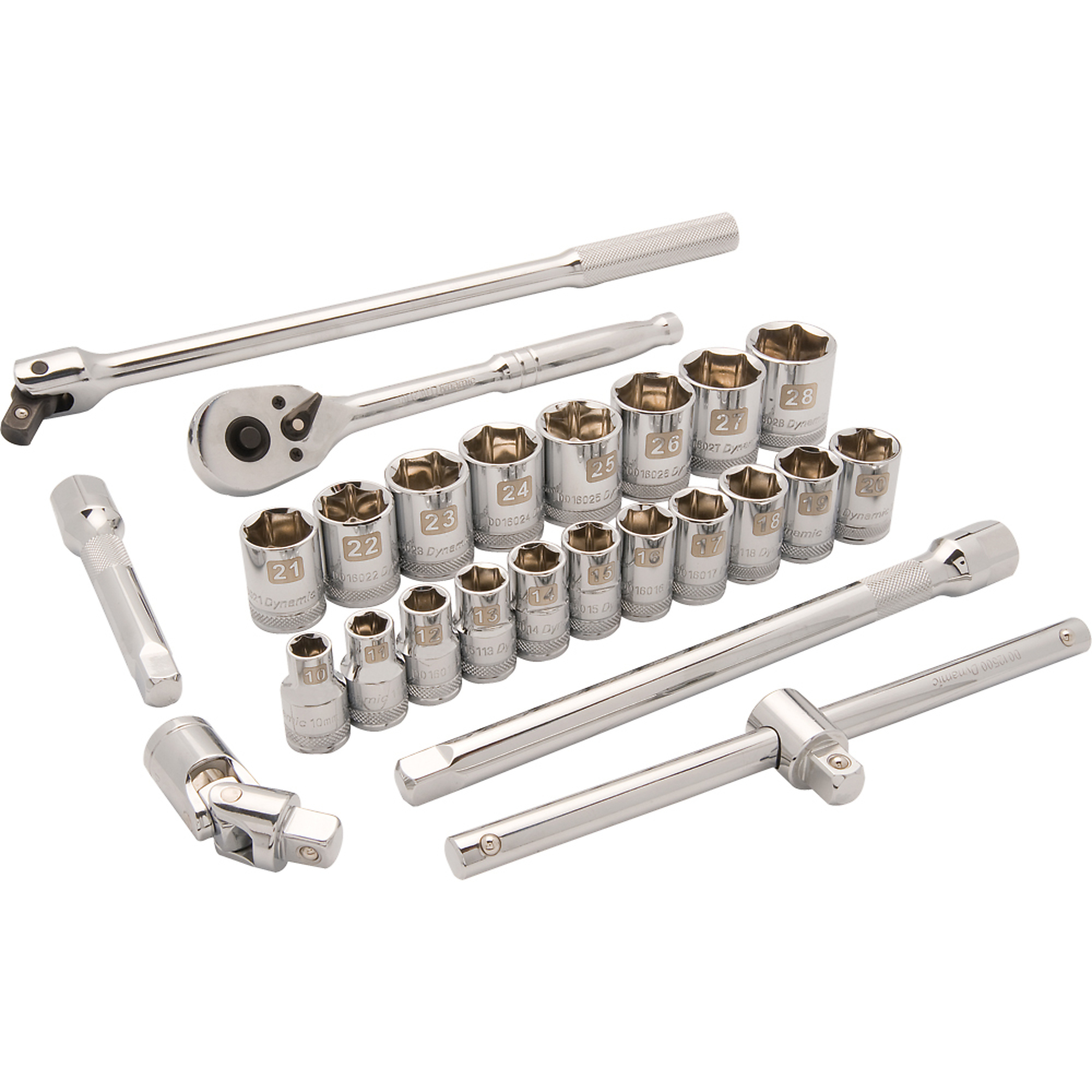 Dynamic Tools, 1/2in. 6 Point Standard/Metric Socket Set, Measurement Standard Metric, Pieces (qty.) 25 Socket Set Type 1/2in. Drive Sets, Model# D018009